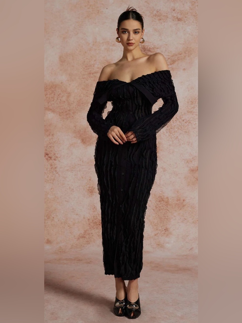 Strapless Black Textured Off-Shoulder Midi Dress